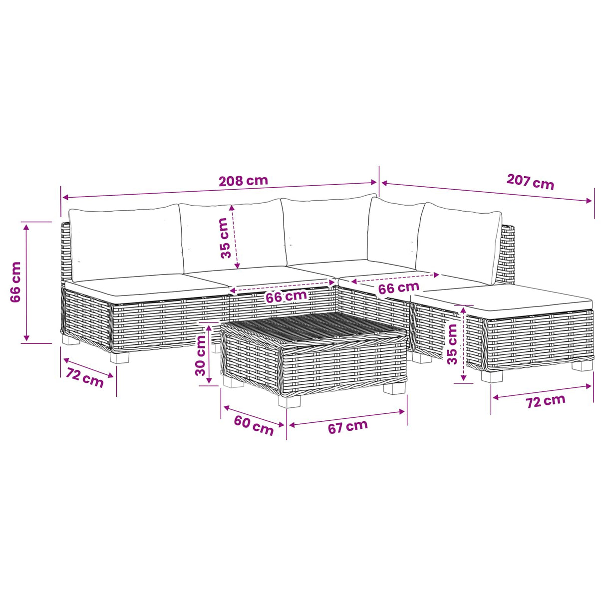 vidaXL 6 st Rieten Loungeset met Kussens GENDT Natuurlijk Riet Naturel