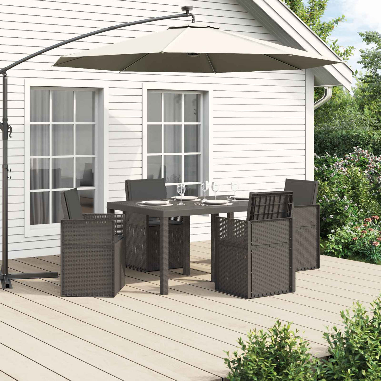 vidaXL Tuin Eettafel Set met kussen 3 pcs Bruin en crèmekleurig PP