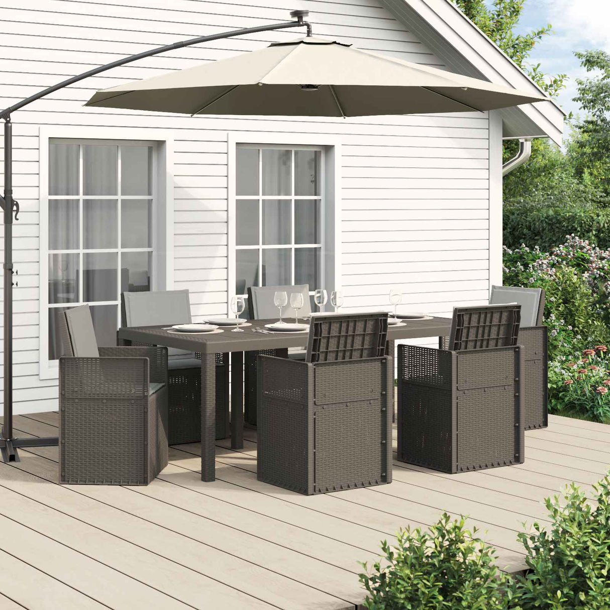 vidaXL Tuin Eettafel Set met kussen 3 pcs Bruin en crèmekleurig PP