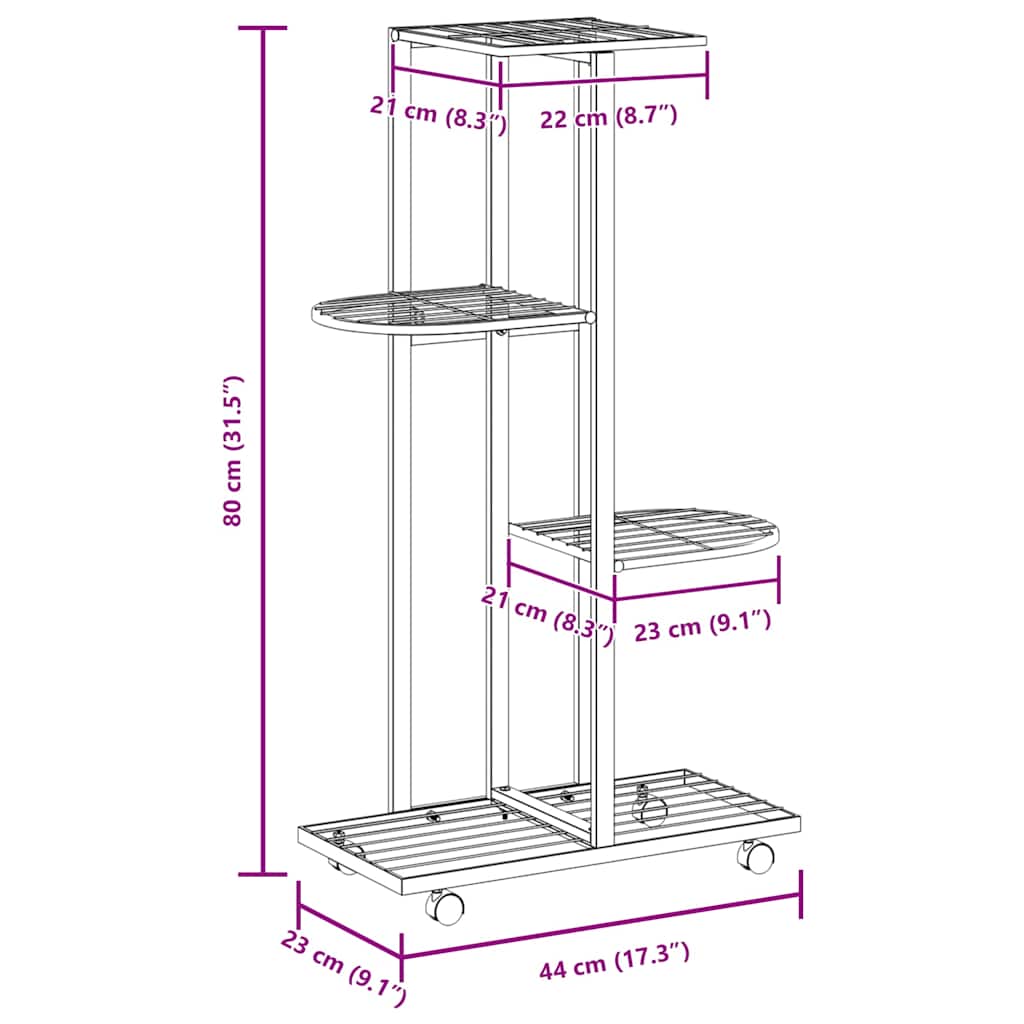 vidaXL Flower Pot Stand with Wheels 4-Tier 44x23x80 cm Iron Black