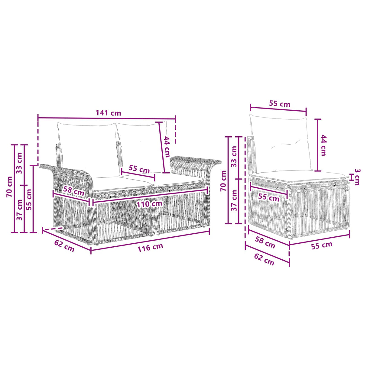 vidaXL Tuinbank Set 6 pcs Zwart poly rattan
