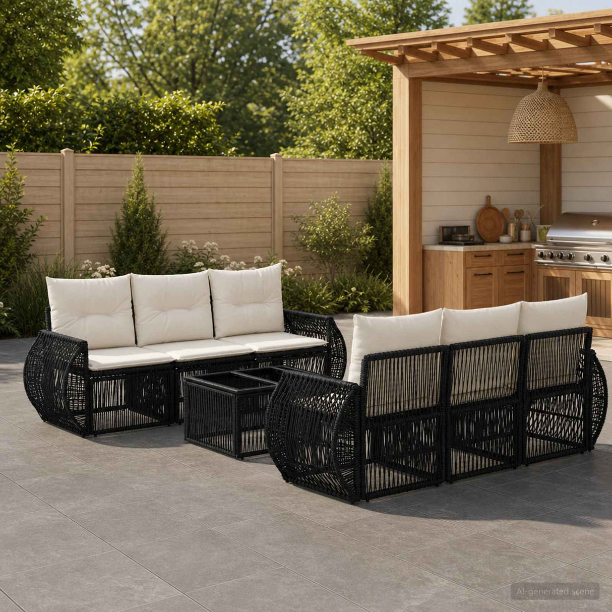 vidaXL Tuinbank Set 7 st Zwart poly rattan