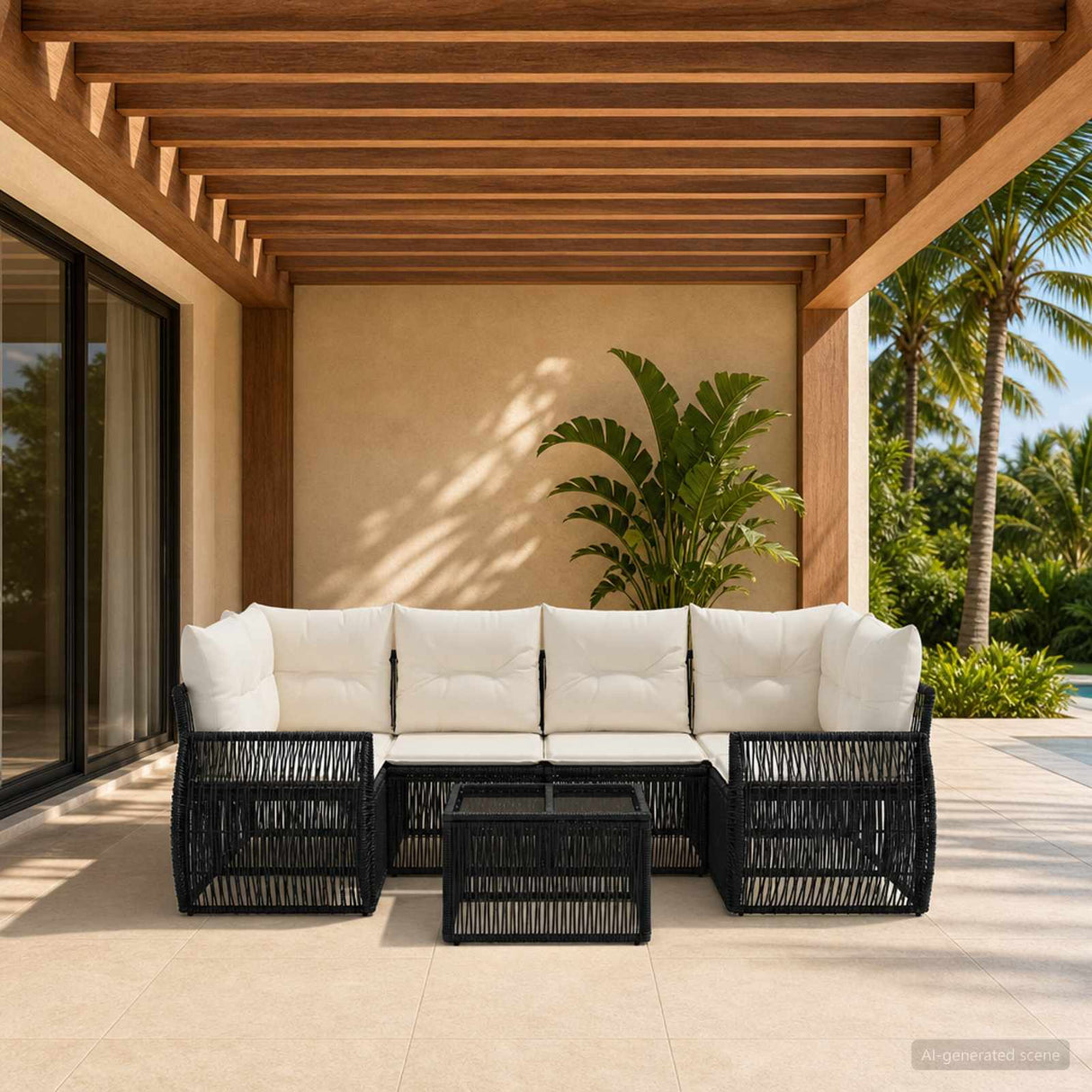 vidaXL Tuinbank Set 7 st Zwart poly rattan