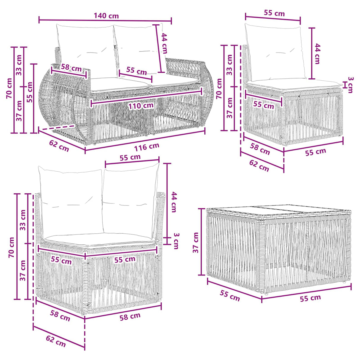 vidaXL Tuinbank Set 8 st Zwart poly rattan