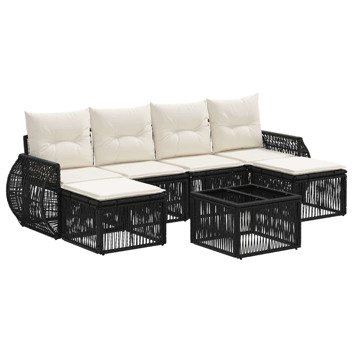 vidaXL Tuinbank Set 7 pcs Zwart en Crème Wit poly rattan