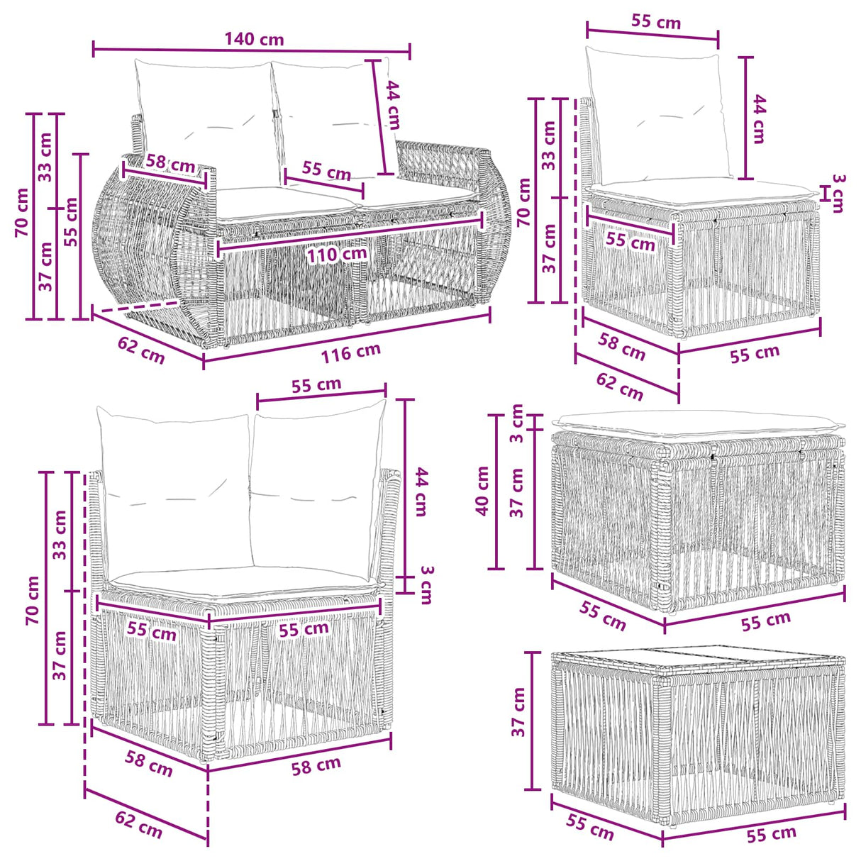 vidaXL Tuinbank Set 11 st Zwart poly rattan