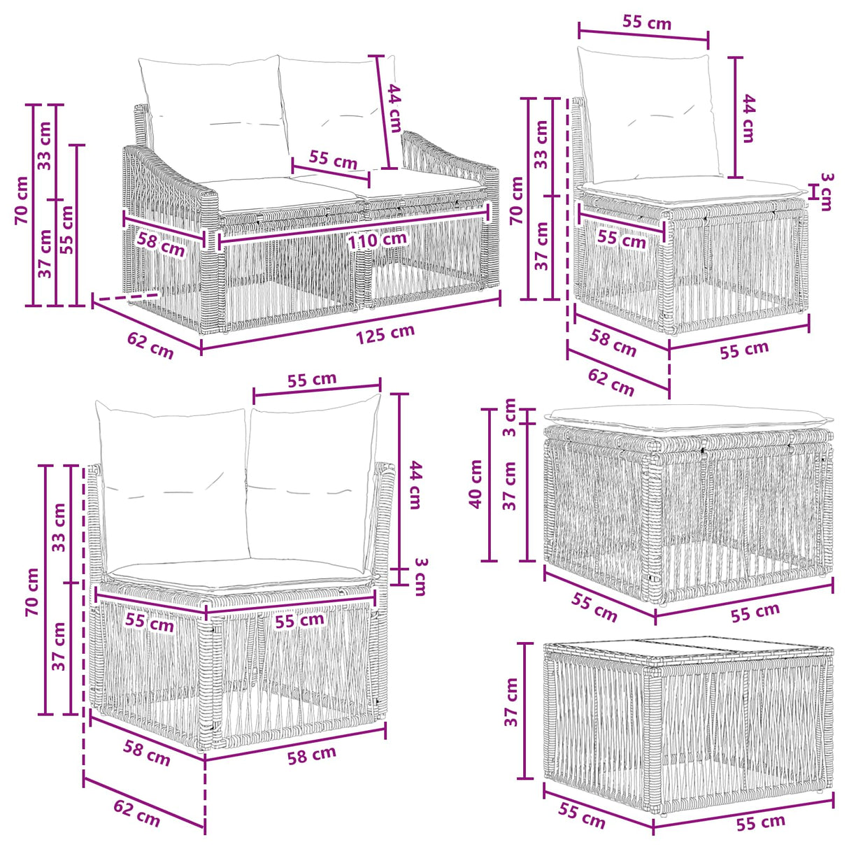 vidaXL Tuinbank Set 11 st Zwart poly rattan
