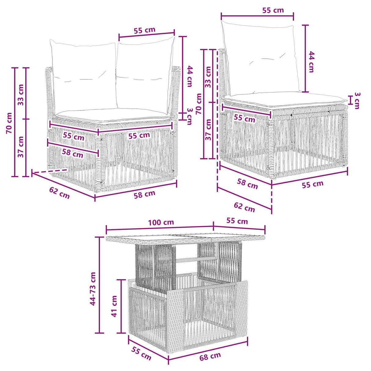 vidaXL Tuinbank Set 7 st Zwart poly rattan