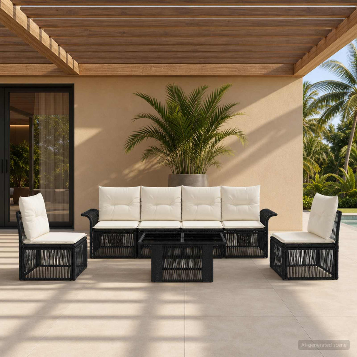 vidaXL Tuinbank Set 7 st Zwart en Crème Wit poly rattan