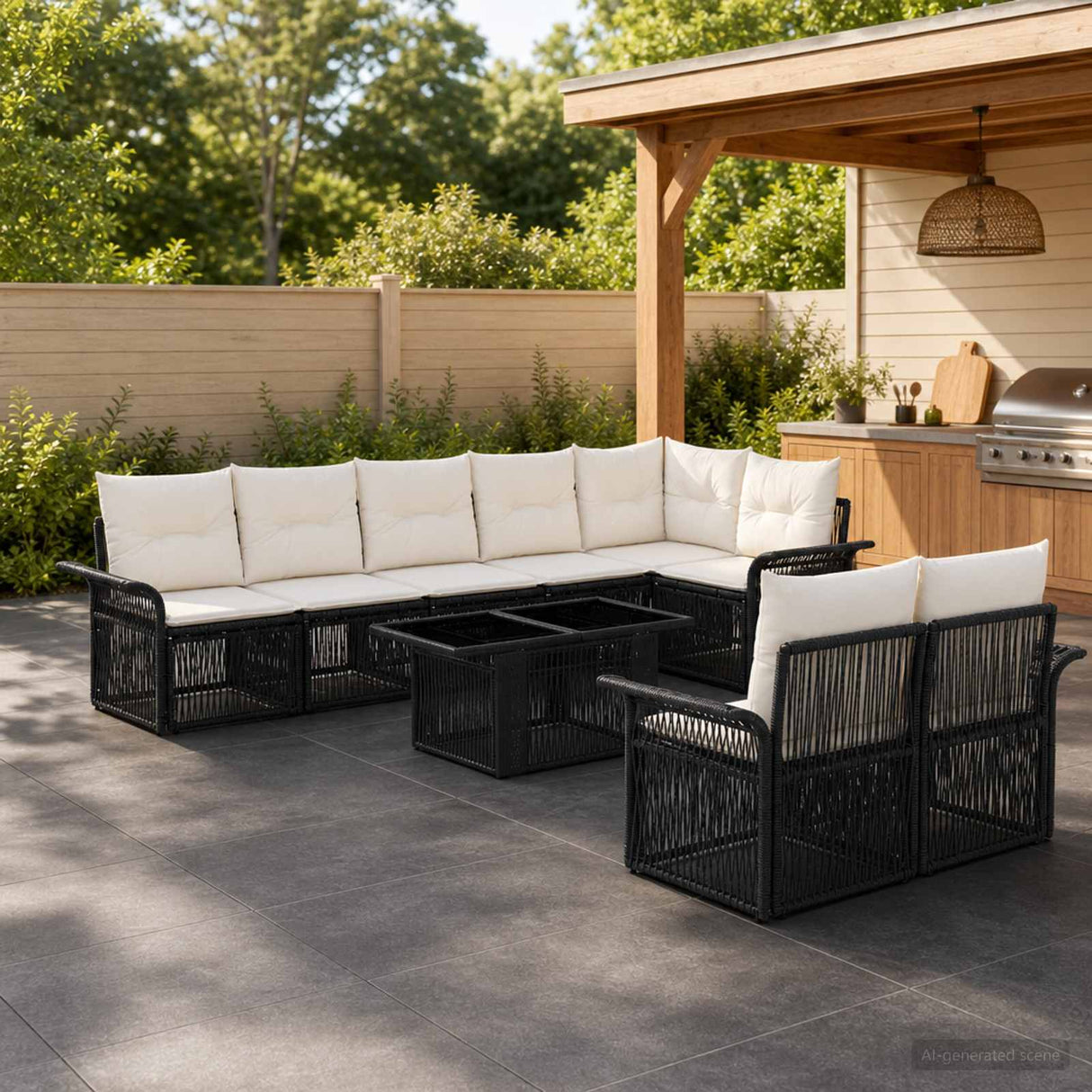 vidaXL Garden Lounge Set 9 pcs Black and Cream White poly rattan