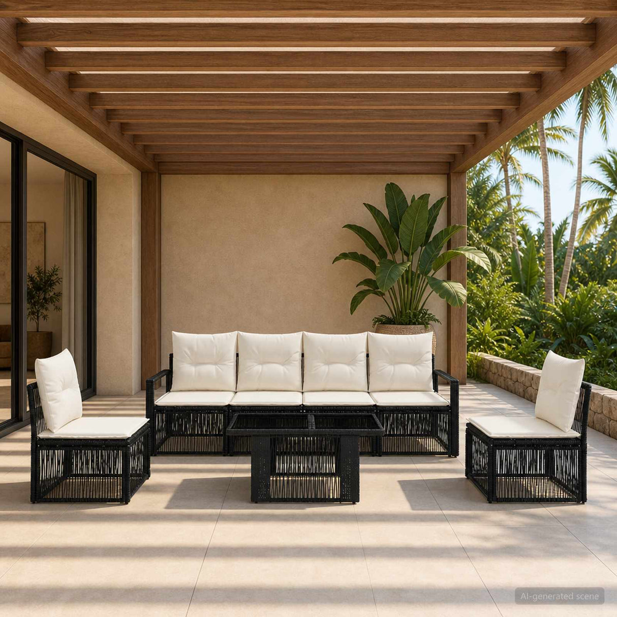 vidaXL Tuinbank Set 7 st Zwart en Crème Wit poly rattan