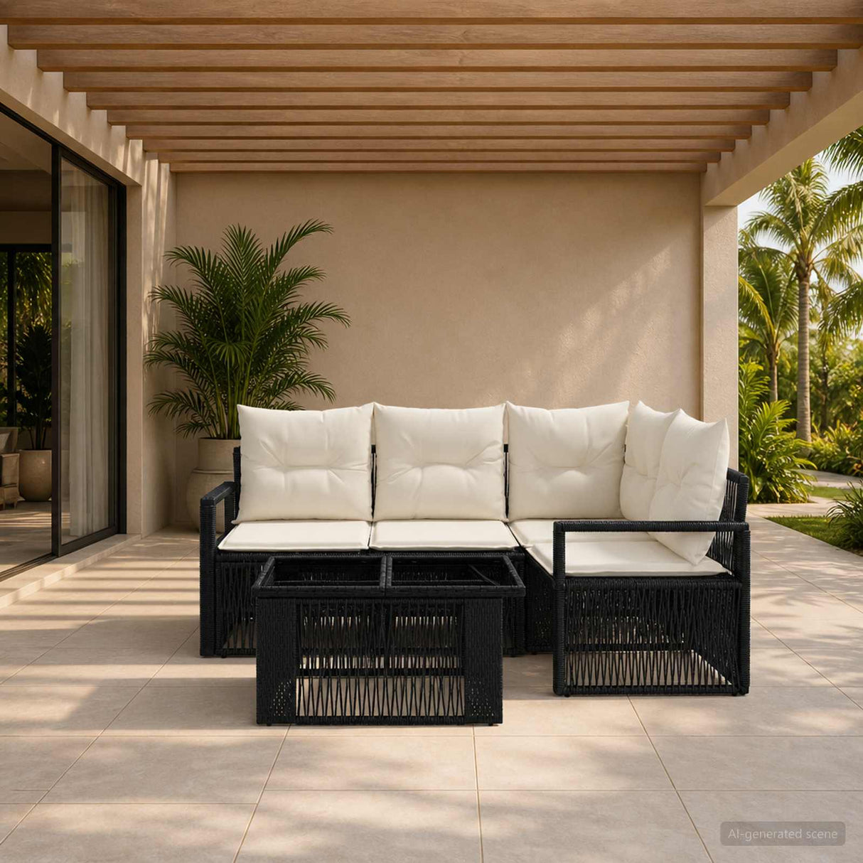 vidaXL Tuinbank Set 5 st Zwart en Crème Wit poly rattan