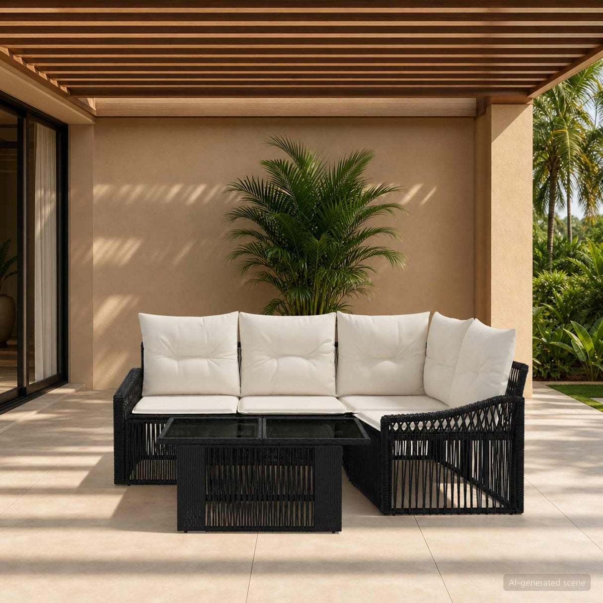 vidaXL Tuinbank Set 5 st Zwart en Crème Wit poly rattan