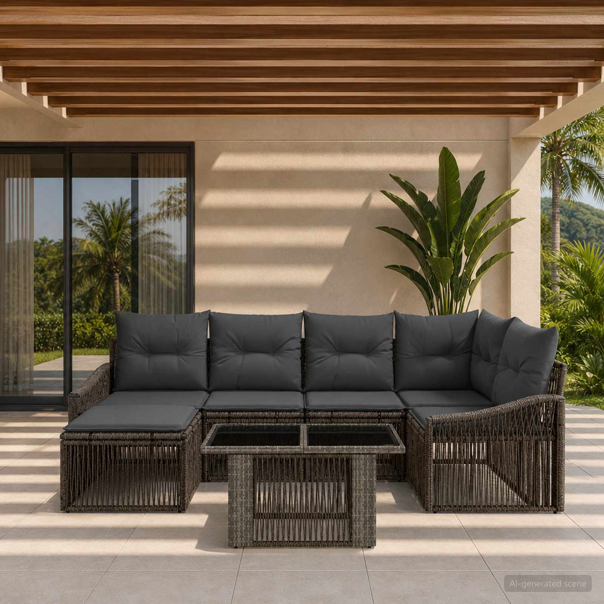vidaXL Tuinbank Set 7 st Zwart en Crème Wit poly rattan