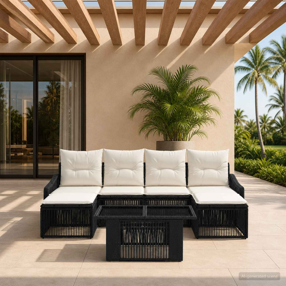 vidaXL Tuinbank Set 7 st Zwart en Crème Wit poly rattan