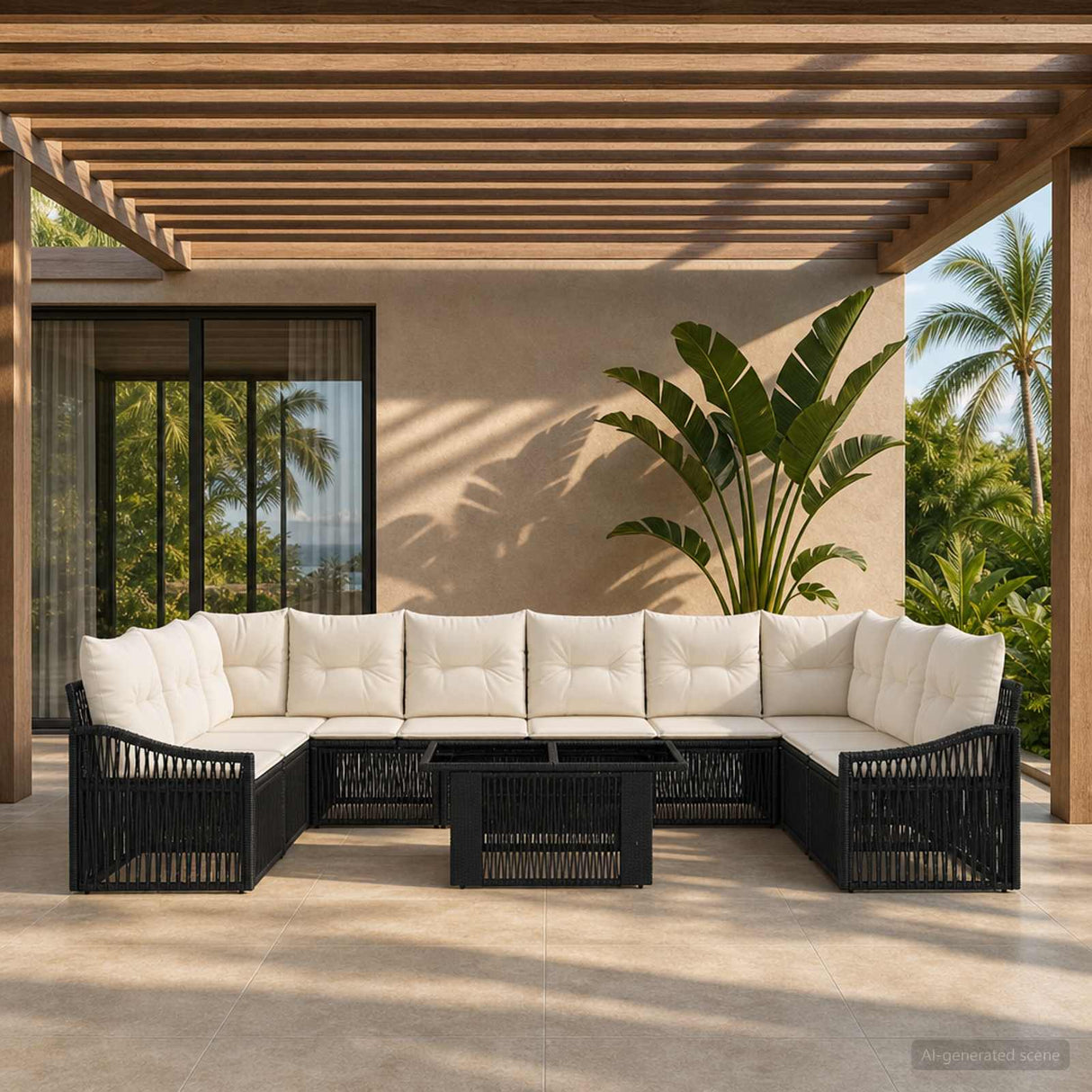 vidaXL Garden Lounge Set 11 Pieces Black and Cream White Poly Rattan