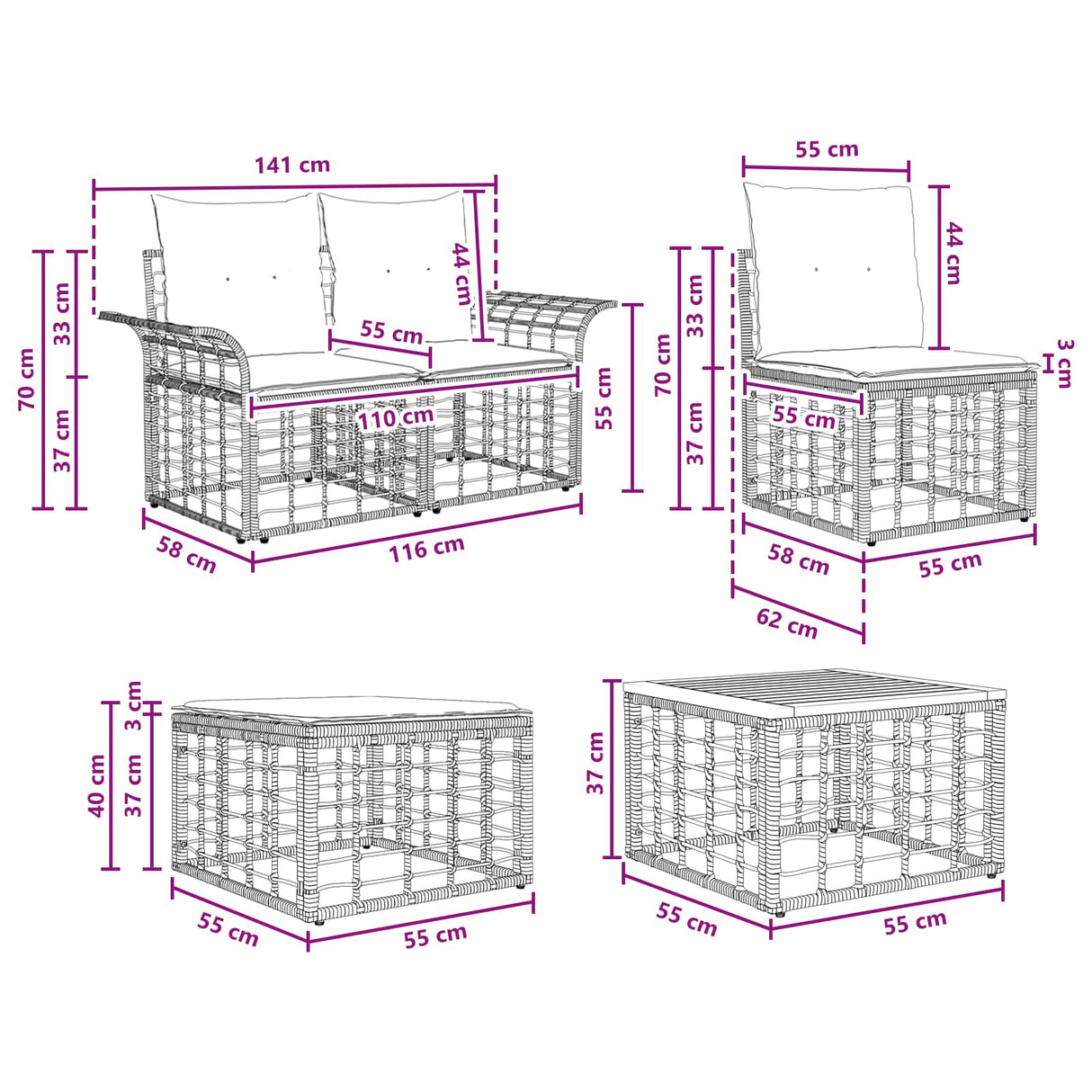 vidaXL Buiten bank set 11 st Zwart en Donker Grijs poly rattan