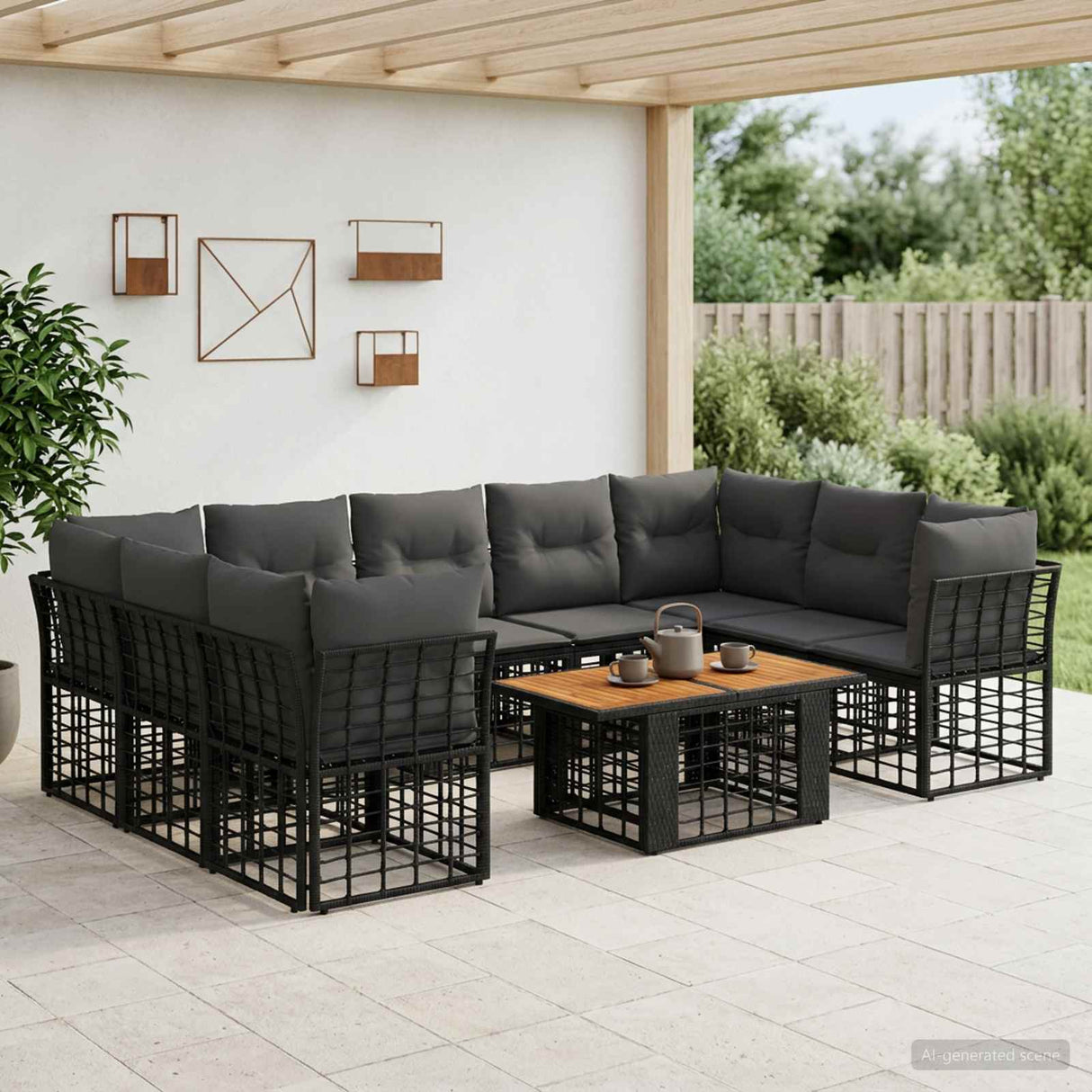 vidaXL Garden Bench Set 10 pcs Black and Dark Grey poly rattan