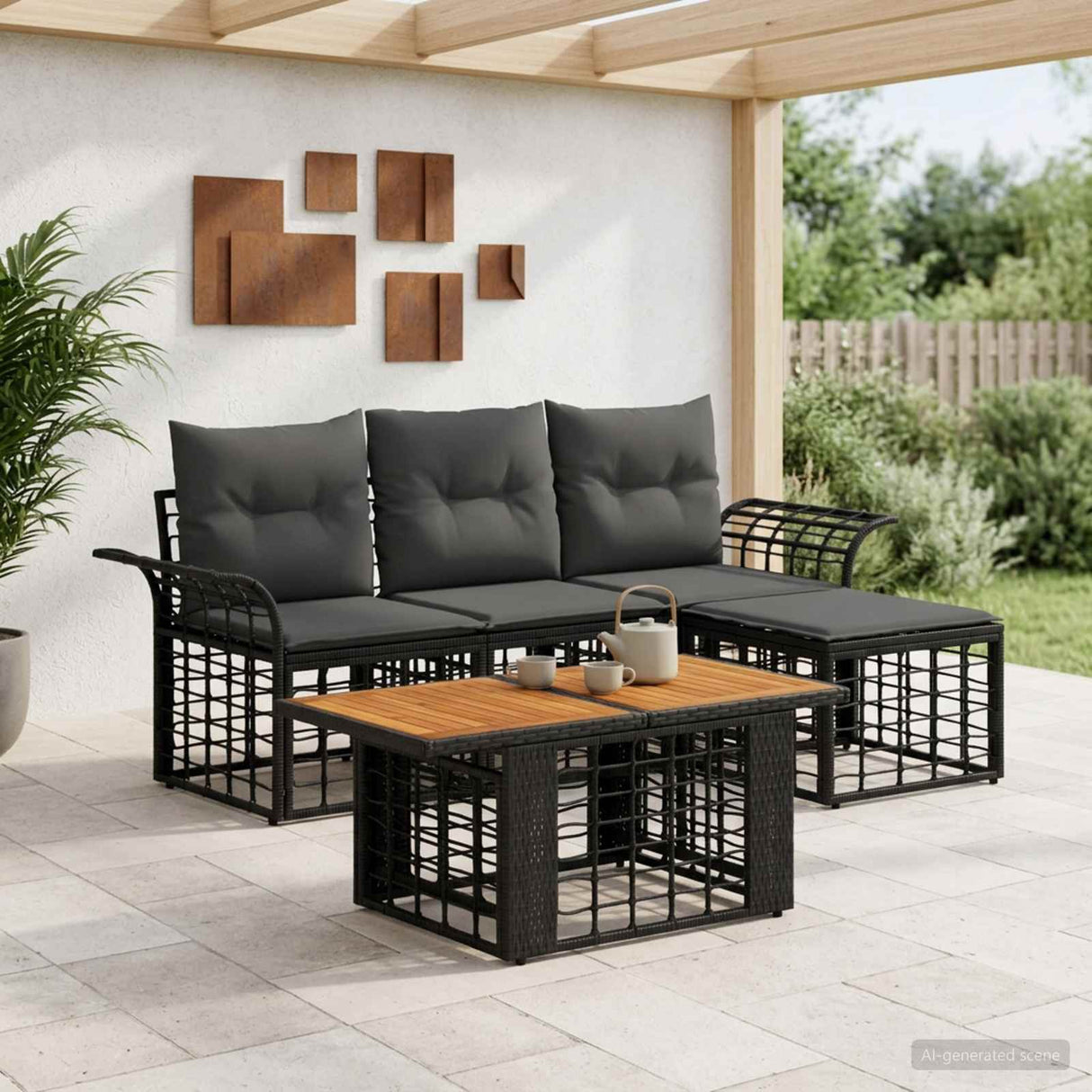 vidaXL Garden Bench Set 5 Pieces Black and Dark Grey Poly Rattan