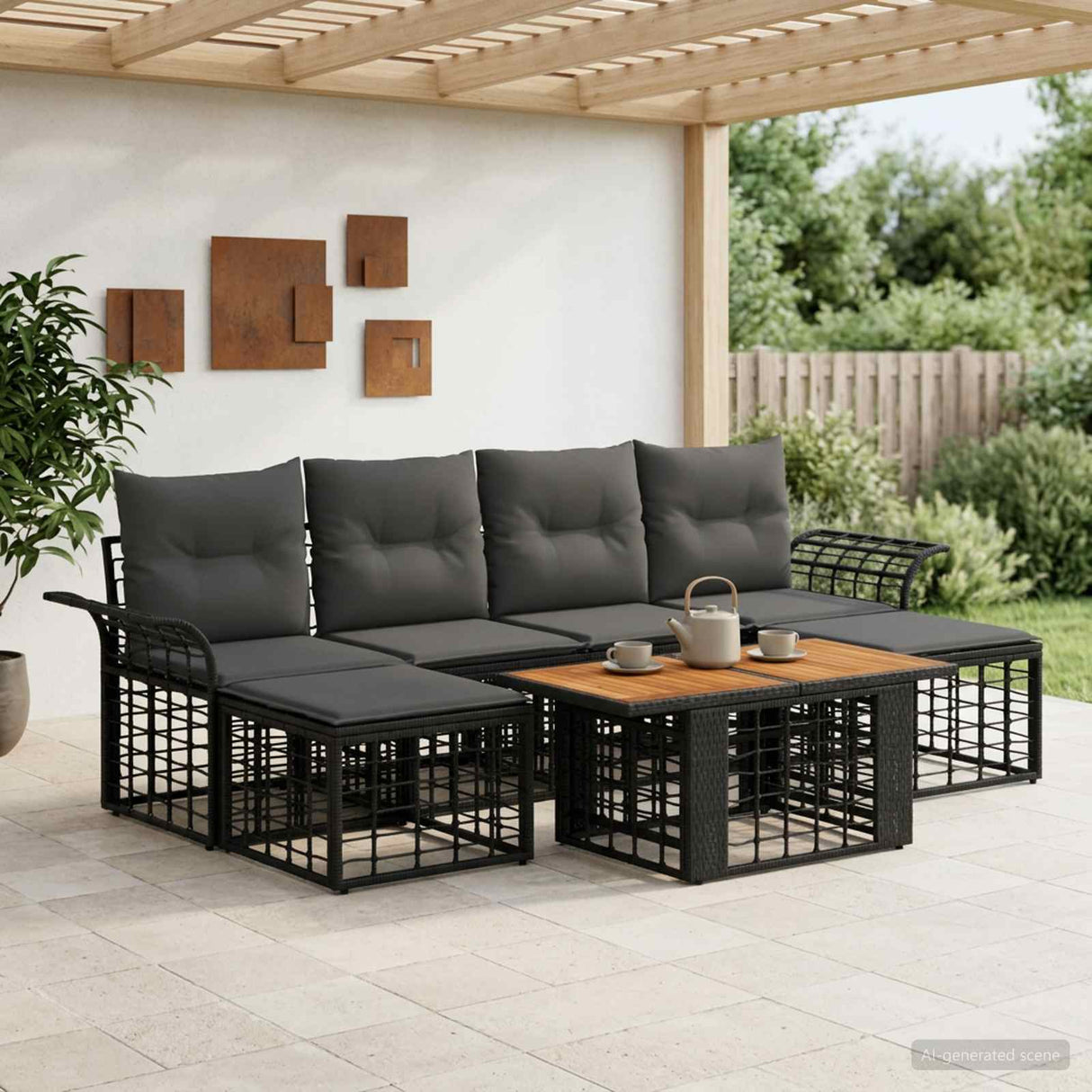 vidaXL Tuinbank Set 7 st Zwart en Donkergrijs poly rattan