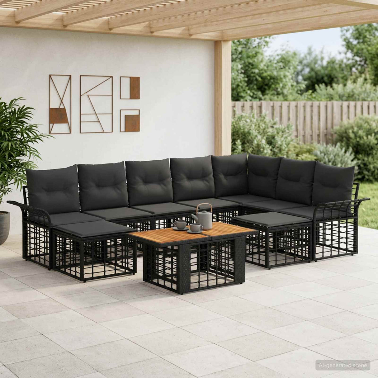 vidaXL Garden Bench Set 10 pcs Black and Dark Grey poly rattan
