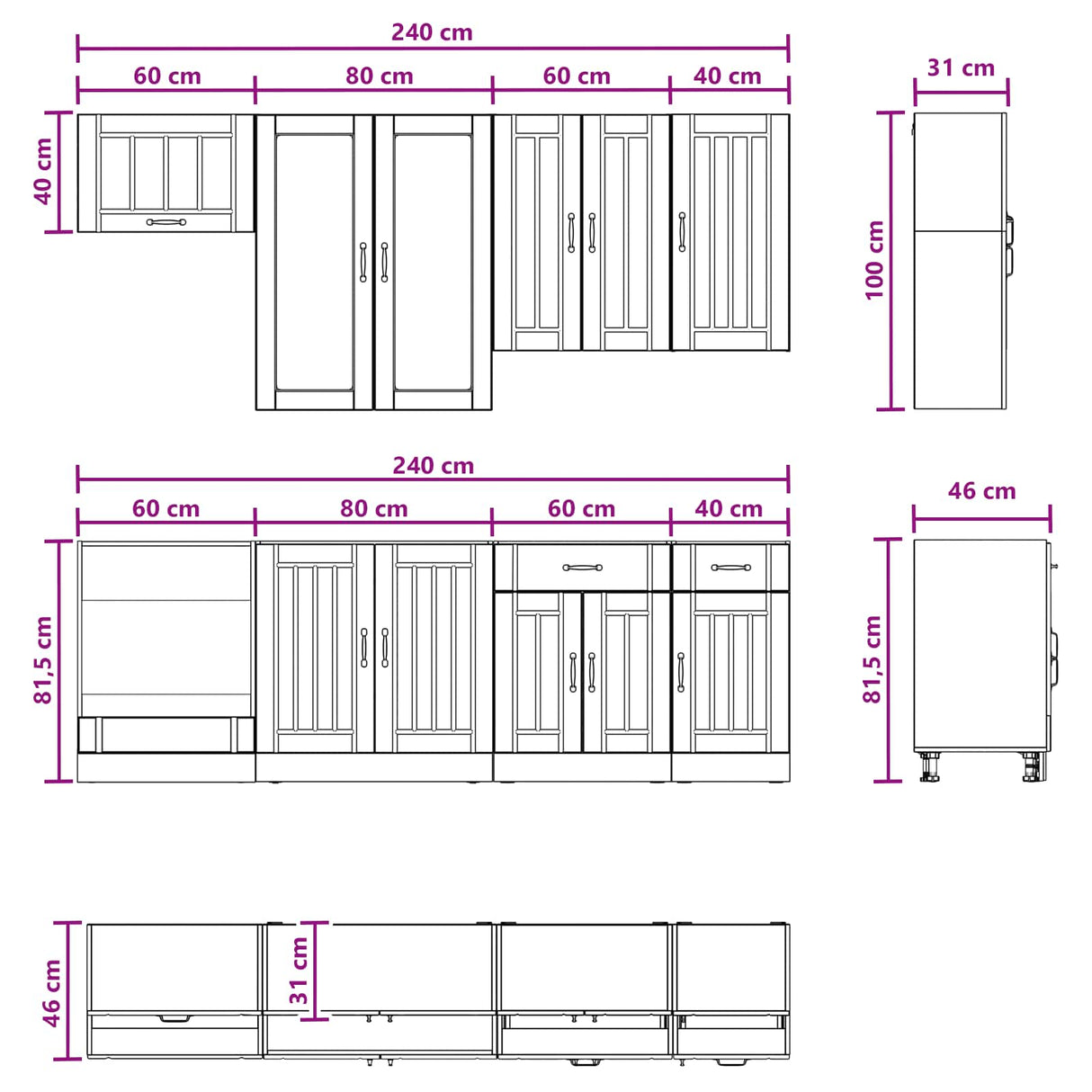 vidaXL Keukenblok LUCCA 8 pcs Wit Bewerkt hout
