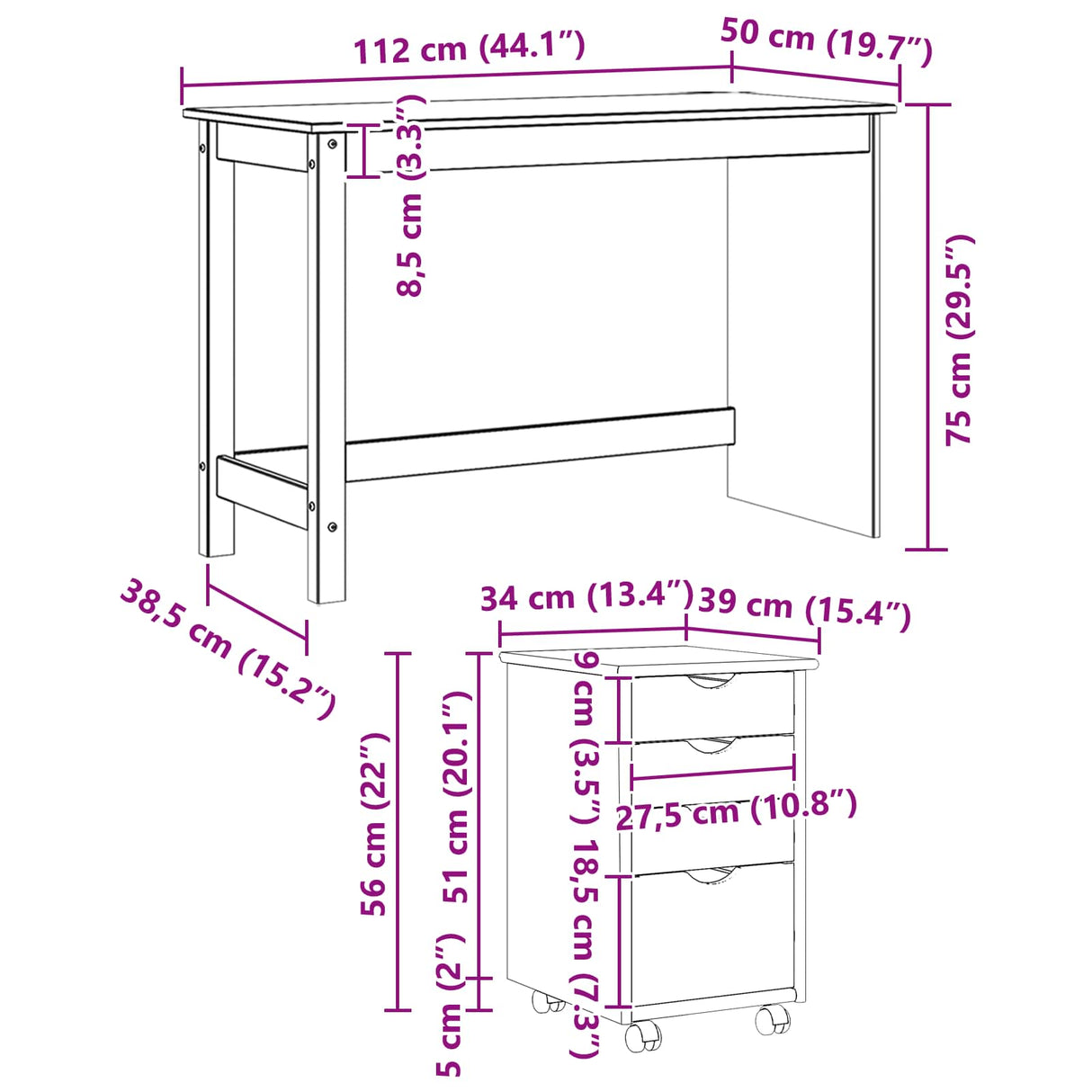 vidaXL Bureau kast set 2 st HoningBruin Massief grenenhout