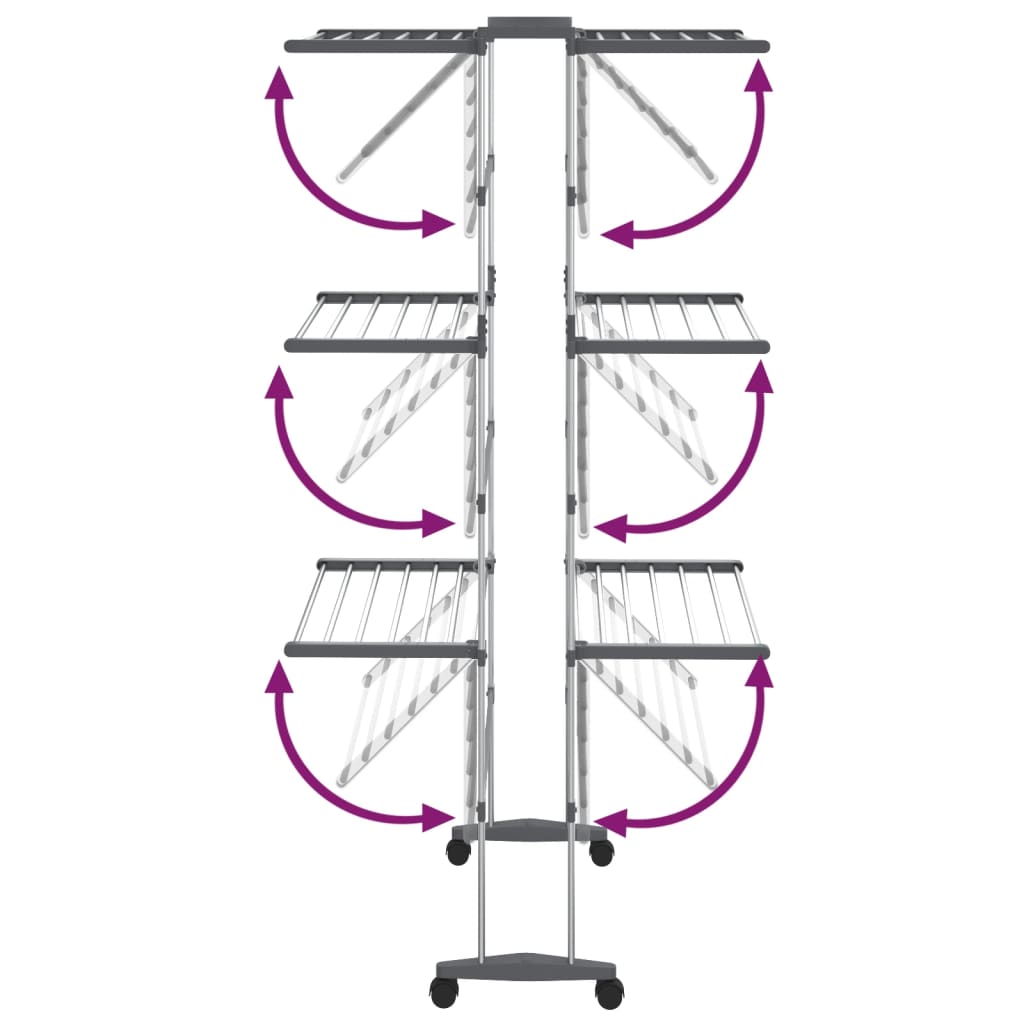 vidaXL Droogrek 3-laags met wieltjes 60x70x129 cm zilverkleurig