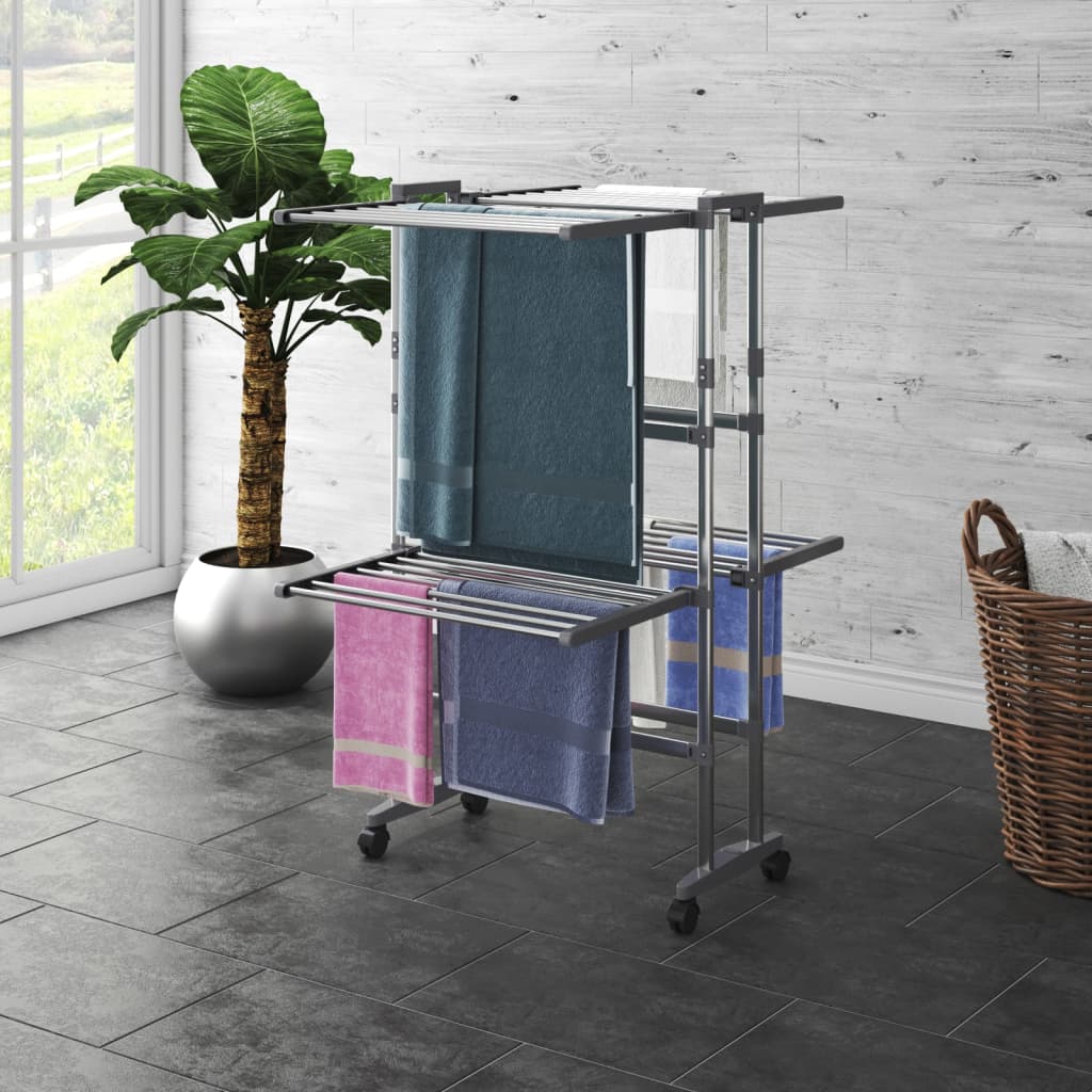 vidaXL Droogrek 3-laags met wieltjes 60x70x129 cm zilverkleurig
