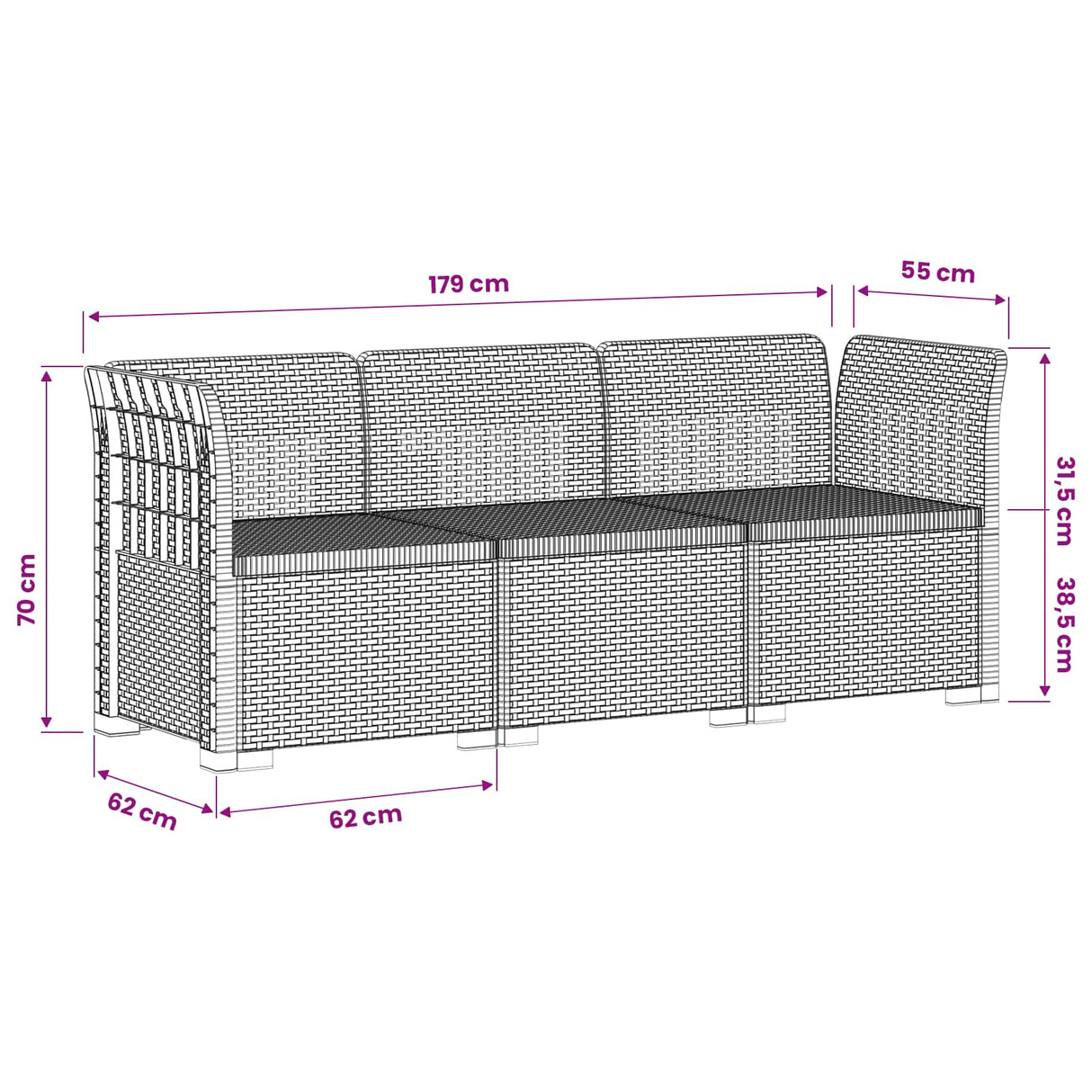 vidaXL 3-Zits Tuinbank Rattan Look PP Antraciet