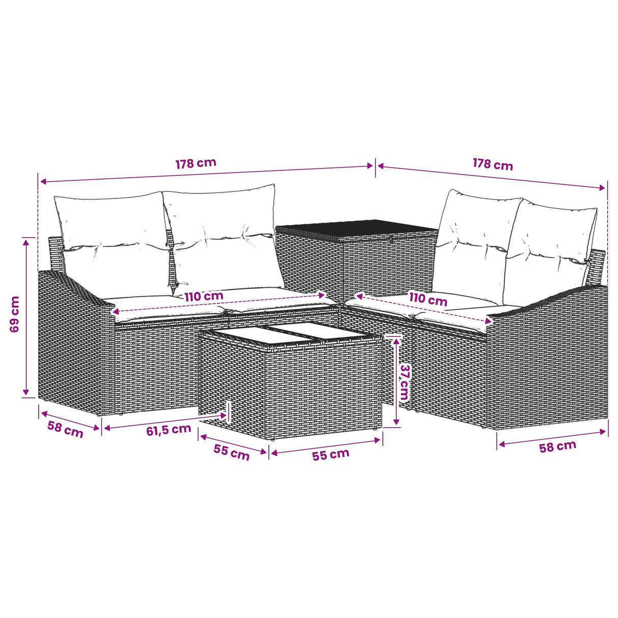 vidaXL Sofa Set 6 pcs Black Poly Rattan and Steel