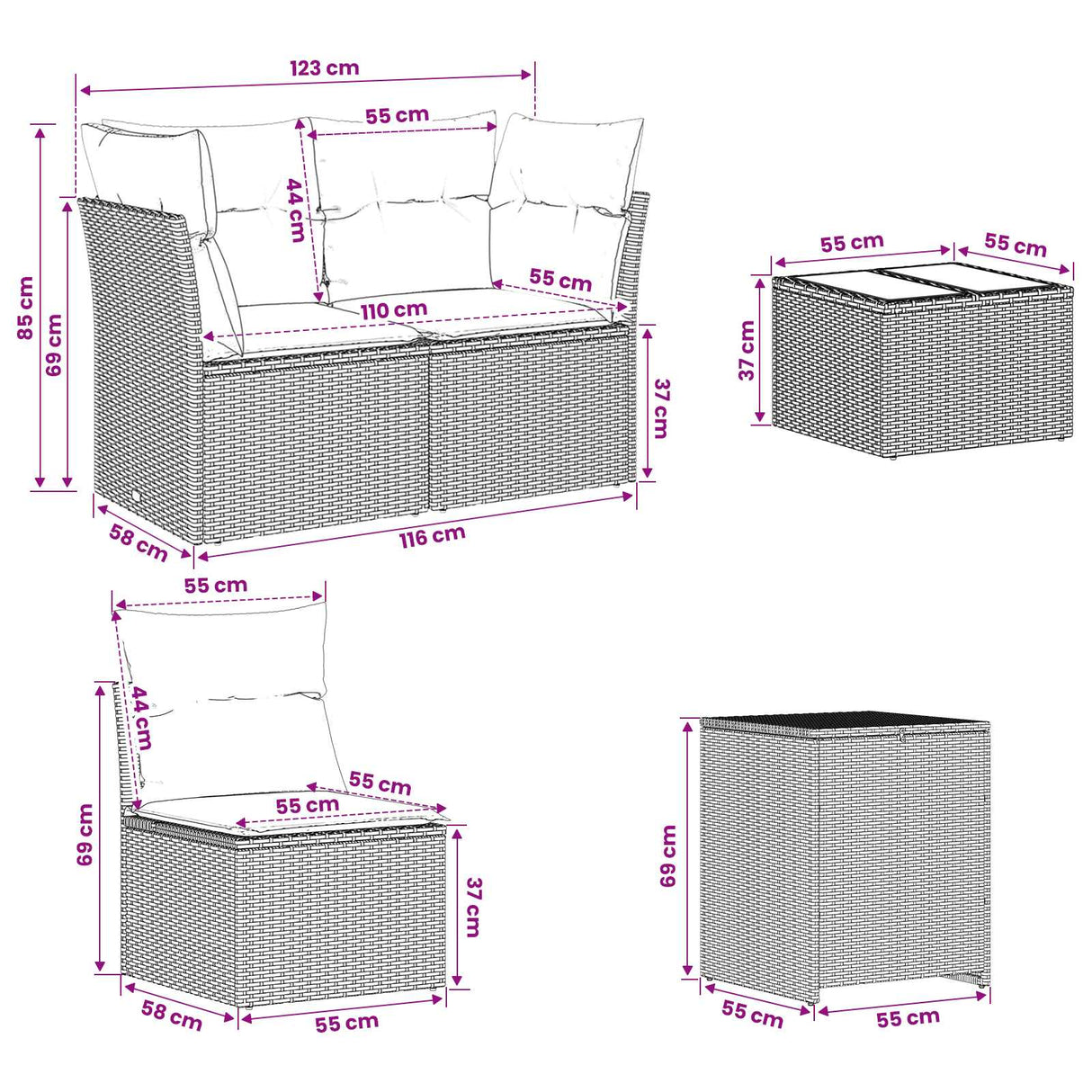 vidaXL Bankstel 6 st Zwart Poly Rattan en Staal