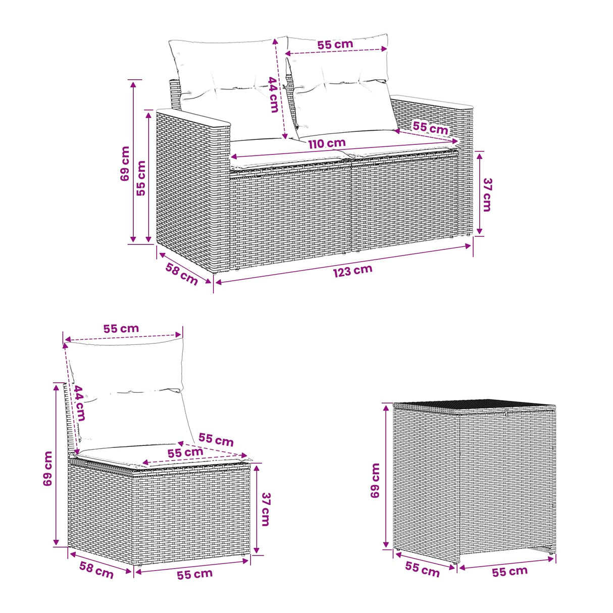 vidaXL Bankstel 5 st Zwart Poly Rattan en Staal