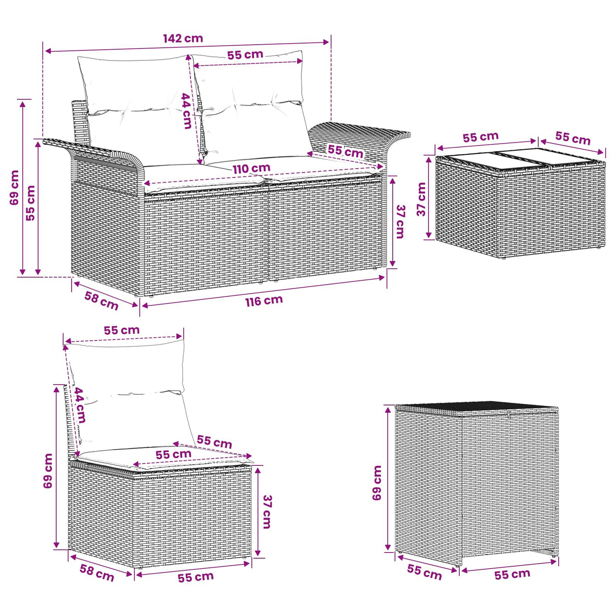 vidaXL Bankstel 8 st Zwart Poly Rattan en Staal