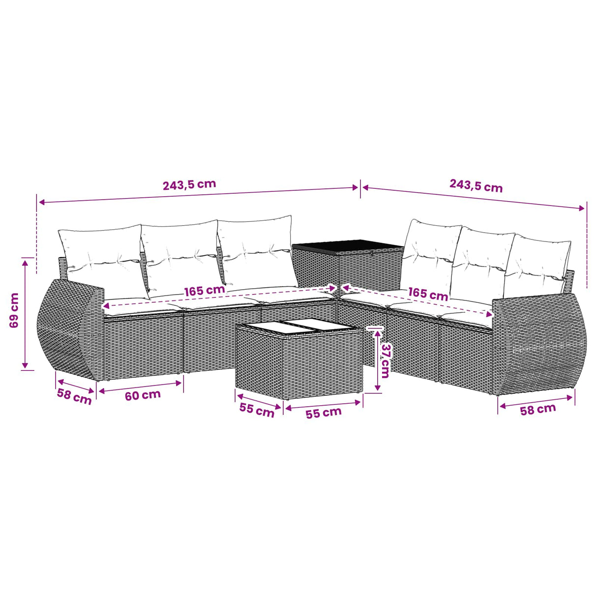 vidaXL Bankstel 8 st Zwart Poly Rattan en Staal