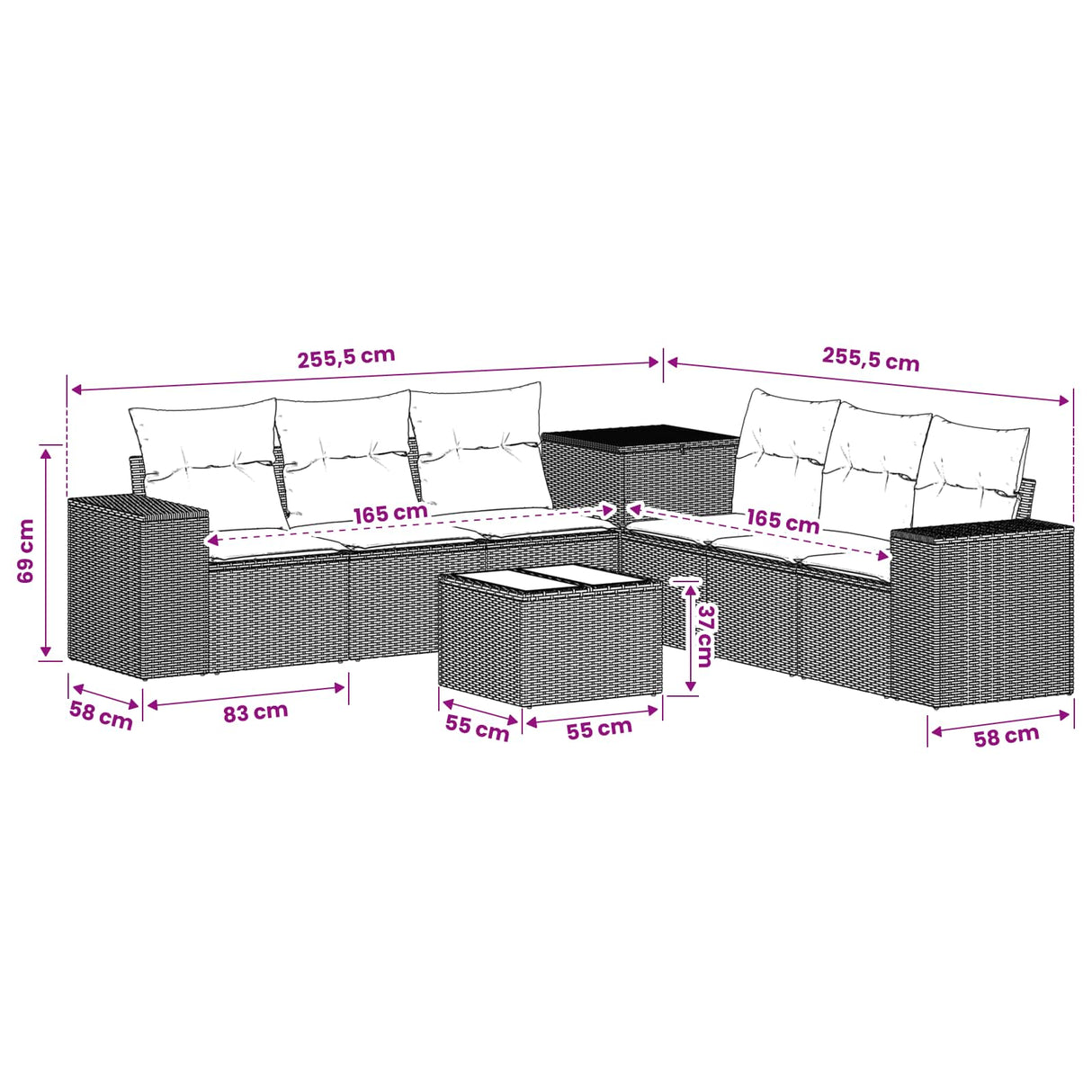 vidaXL Bankstel 8 st Zwart Poly Rattan en Staal