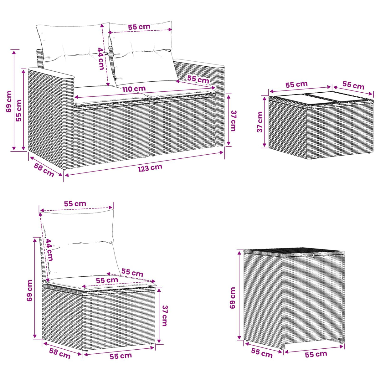 vidaXL Bankstel 8 st Zwart Poly Rattan en Staal
