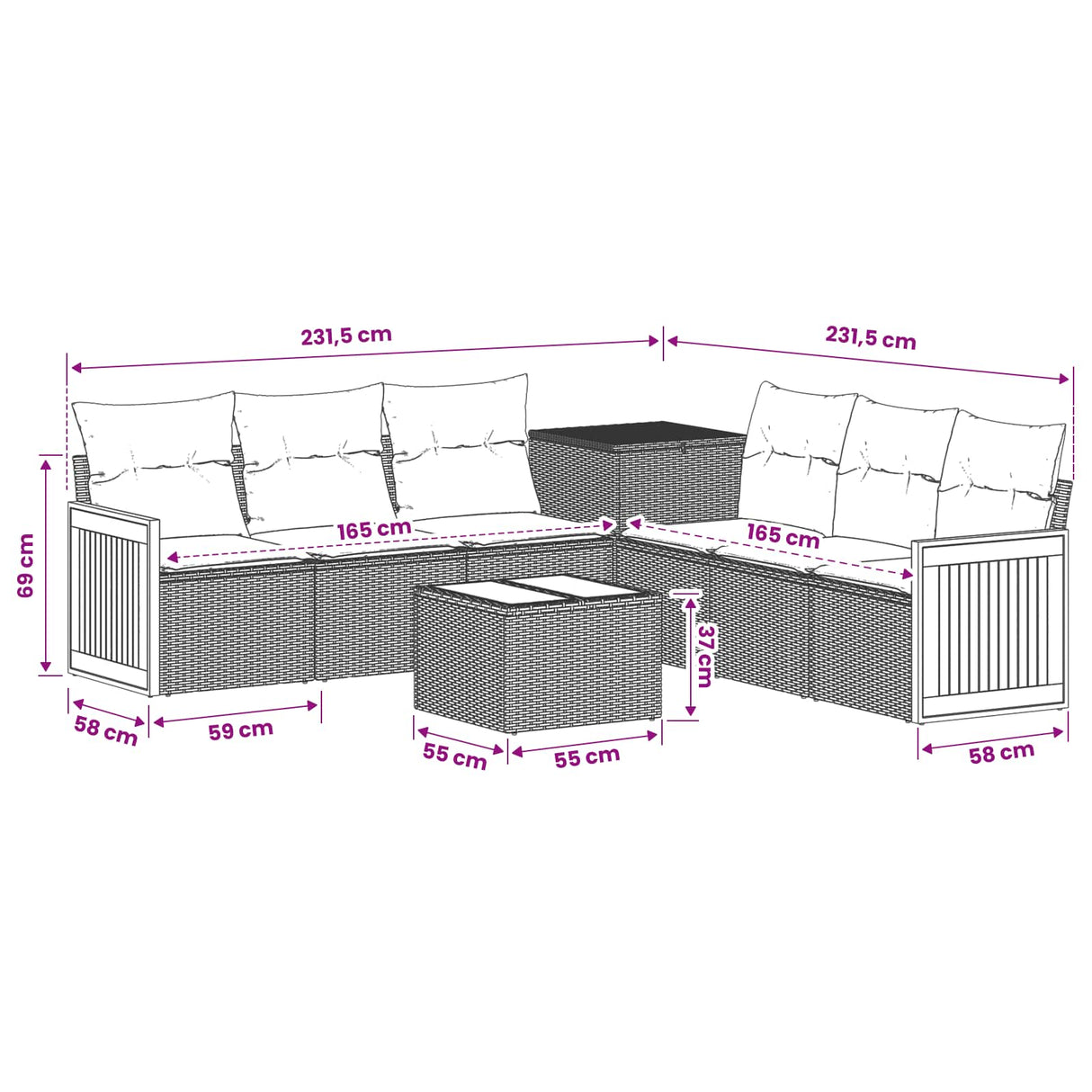 vidaXL Bankstel 8 st Zwart Poly Rattan en Staal