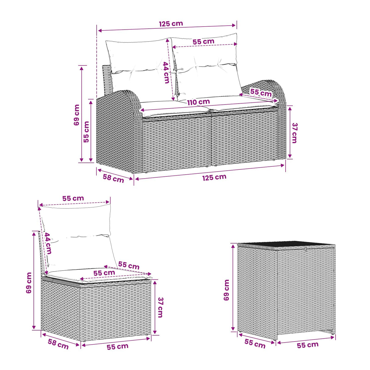vidaXL Bankstel 7 st Zwart Poly Rattan en Staal