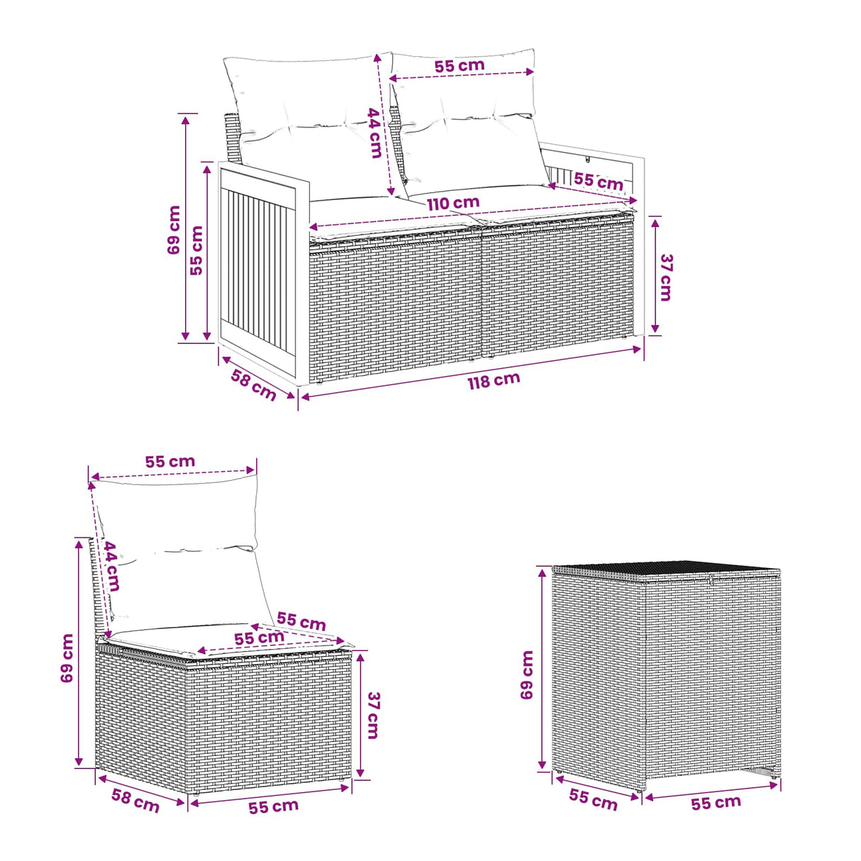 vidaXL Bankstel 7 pcs Zwart Poly Rattan en Staal
