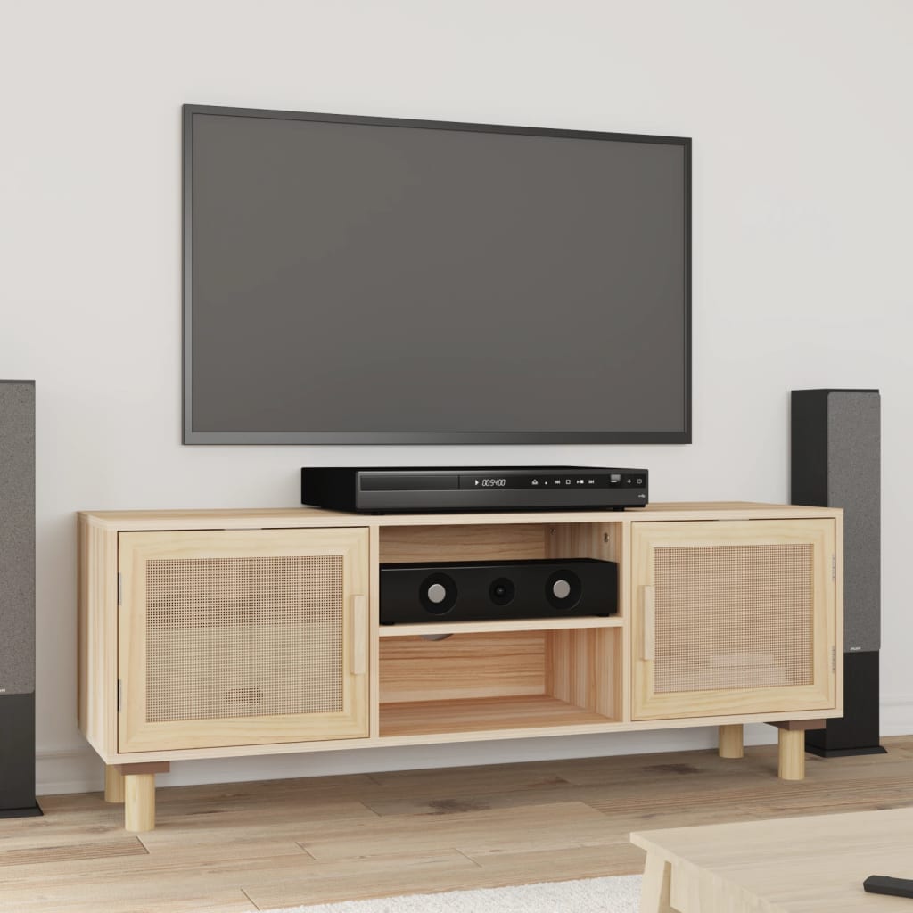 vidaXL TV cabinet 105x30x40 cm solid pine wood and rattan white
