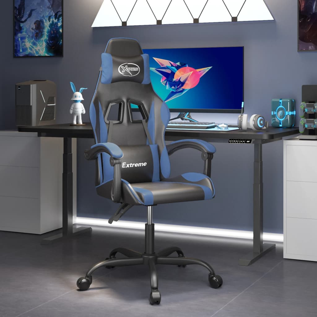 vidaXL Gamestoel draaibaar kunstleer zwart en blauw