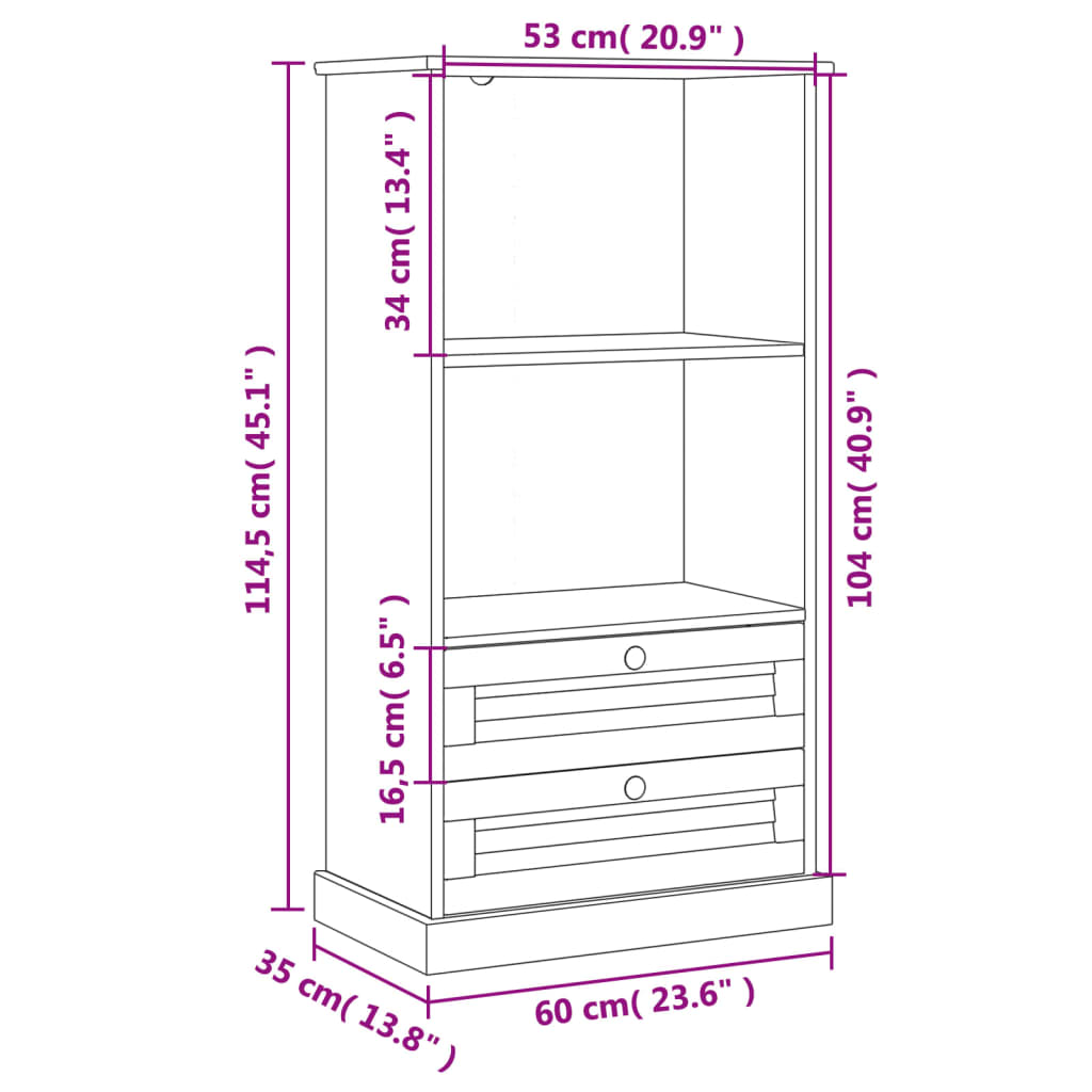vidaXL Bookcase VIGO 60x35x114.5 cm solid pine wood
