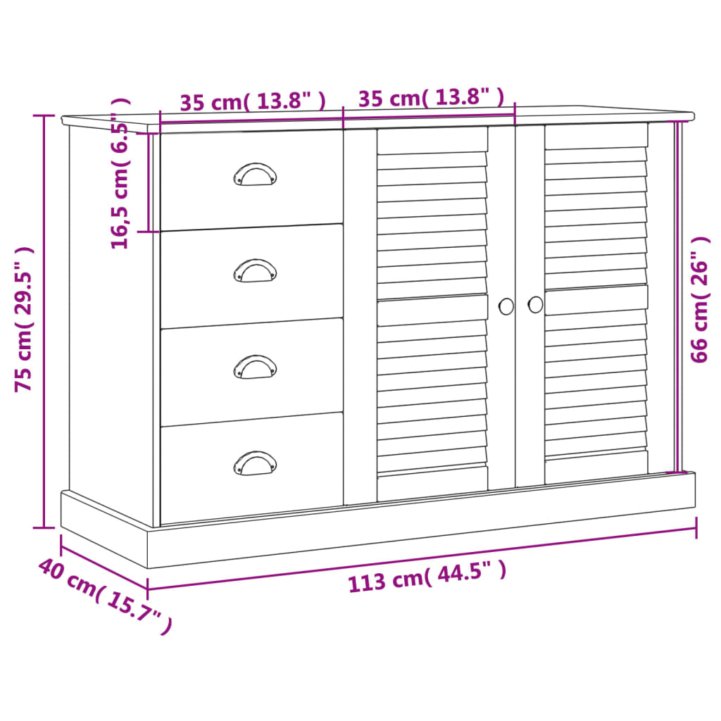 vidaXL Dressoir met lades VIGO 113x40x75 cm massief grenenhout