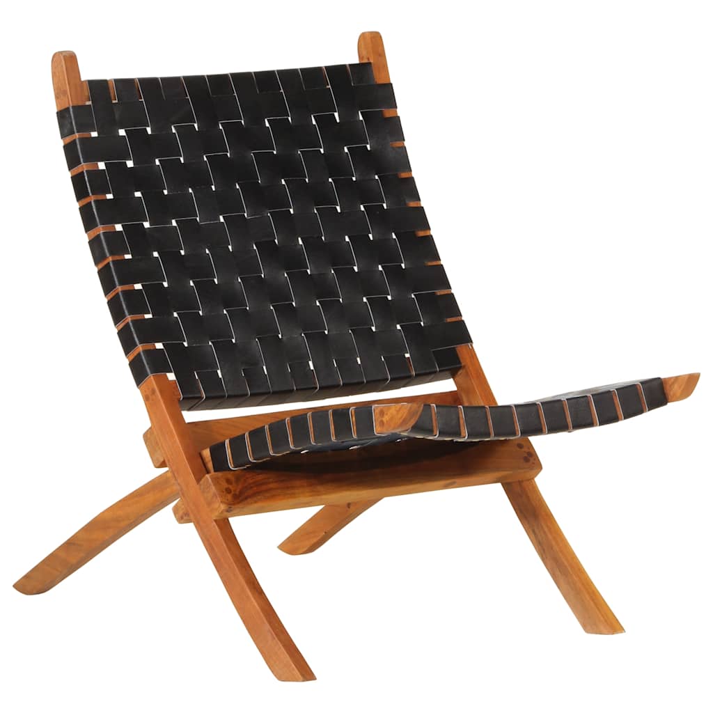 vidaXL Folding Chair Cross Striped Genuine Leather Brown