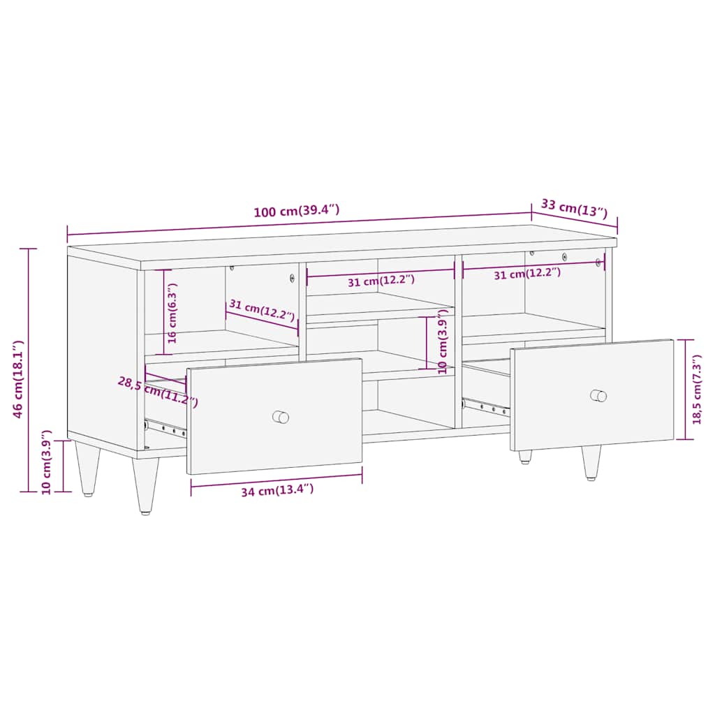 vidaXL Tv-meubel 100x33x46 cm massief mangohout