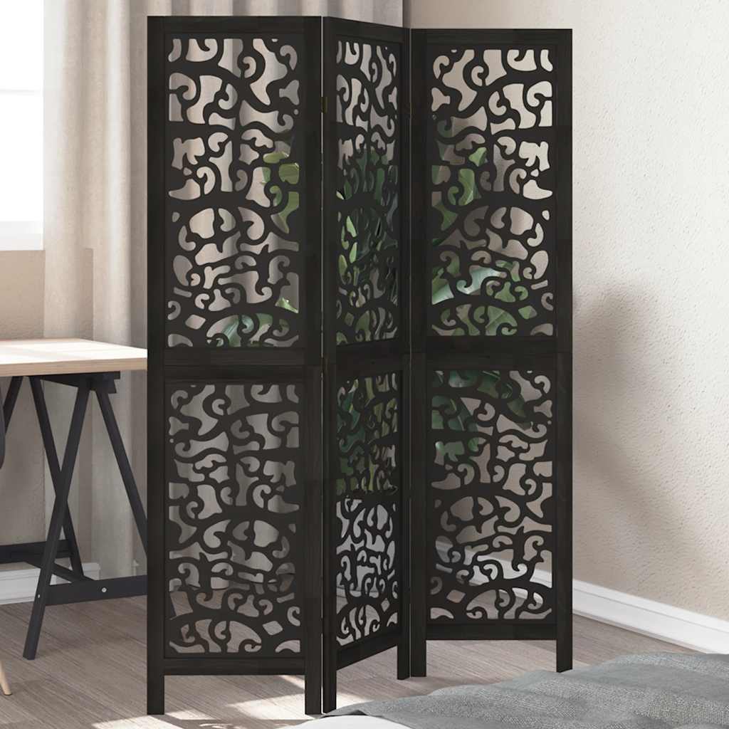 vidaXL 3-Panel Room Divider Solid Paulownia Wood Black