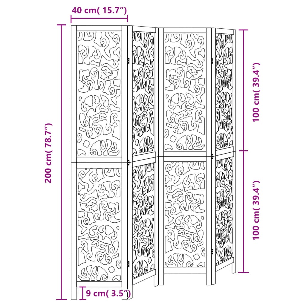 vidaXL 3-Panel Room Divider Solid Paulownia Wood Black