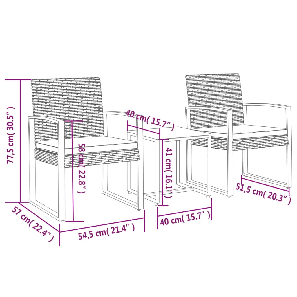 vidaXL 3-delige Tuinset met kussens polypropeen rattan zwart