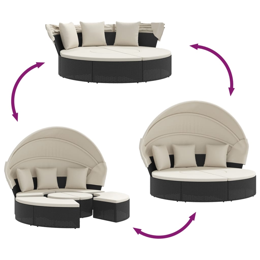 vidaXL Loungebed met luifel en kussens poly rattan zwart